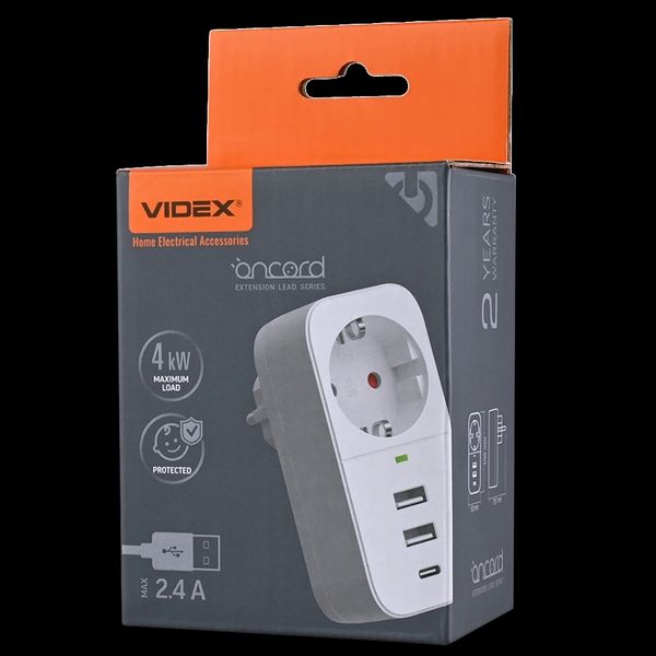 VIDEX ONCORD 1п 2.4A 2USB+USB-C Мережевий адаптер Type-C з заземленням 32140 фото