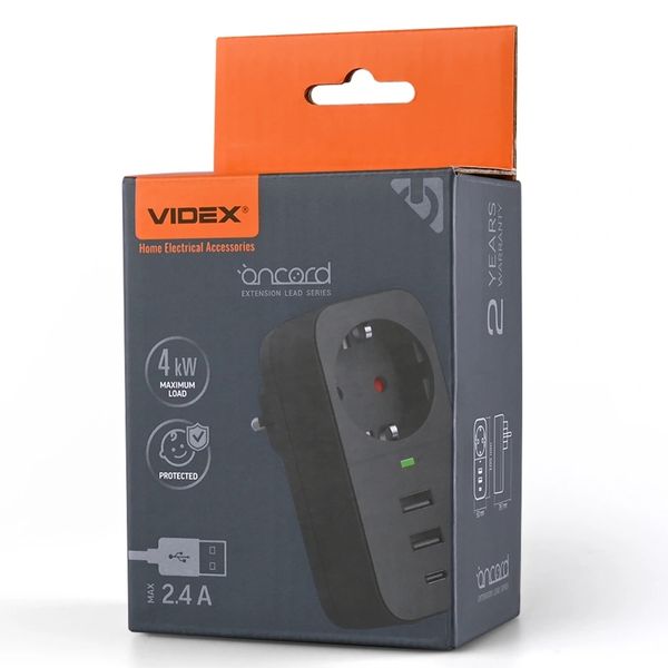 VIDEX ONCORD з/з 1п 2.4A 2USB+USB-C Black Мережевий адаптер з заземленням 32141 фото